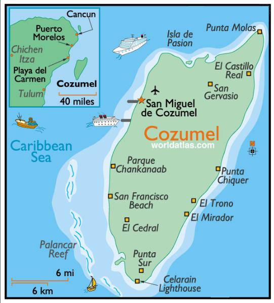 Map of Cozumel Island, Yacatan Penninsula, Mexico