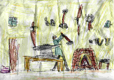 Drawing of Pete in the Hastings Little Log House Blacksmiths Shop By 3rd Grader